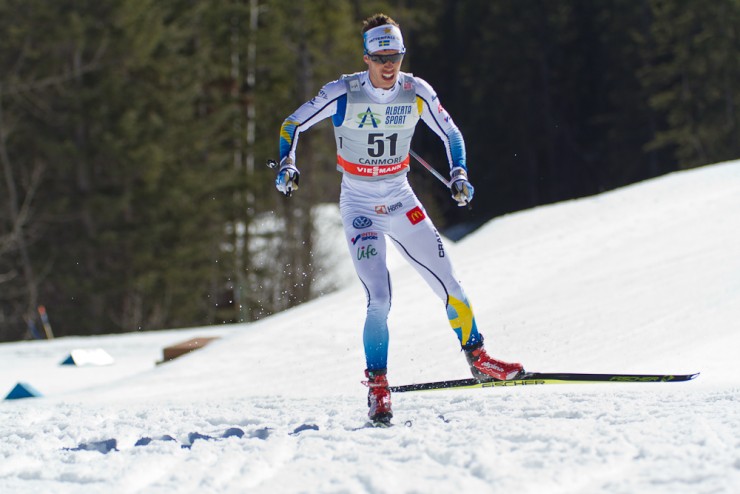 Marcus Hellner of Sweden racing to third in the men's 15 k freestyle individual start on Friday at Stage 7 of the Ski Tour Canada in Canmore, Alberta.