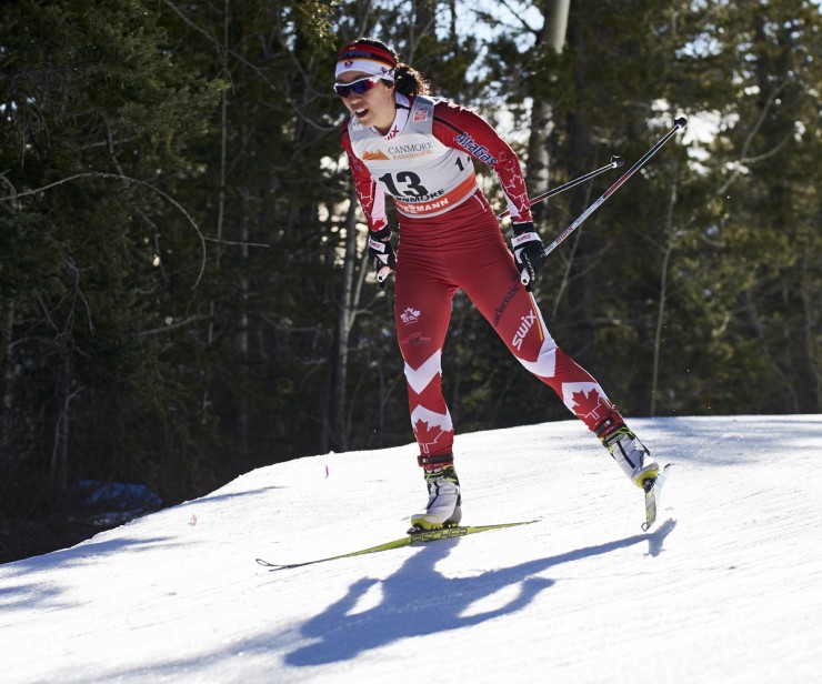 Canada's Emily Nishikawa racing to 35th overall in the women's 10 k freestyle at Stage 7 of the Ski Tour Canada in Canmore, Alberta. (Photo: Fischer/NordicFocus)