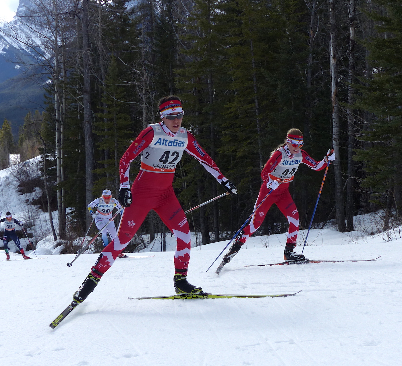 Browne (right) chasing teammate Emily Nishikawa in the 15 k skiathlon in Canmore, Alberta, as part of the Ski Tour Canada. (Photo: Peggy Hung)