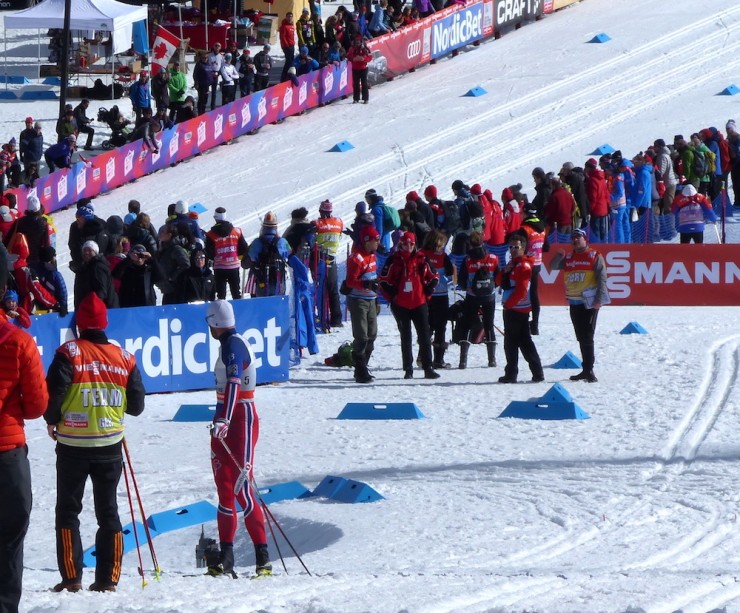 Norway's Petter Northug (lower left, looking back) stops to watch the results of his own final during the men's 1.5 k classic sprint at the Ski Tour Canada Stage 5 on Tuesday in Canmore, Alberta. (Photo: Peggy Hung)