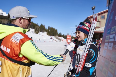 Norway's Invild Flugstad Østberg (r) being interviewed by FIS's Jeff Ellis after she won the women's 10 k freestyle at Stage 7 of the Ski Tour Canada in Canmore, Alberta. (Photo: Madshus/NordicFocus) 