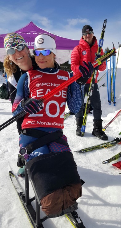 Oksana Masters (front) and U.S. Paralympics Nordic coach Eileen Carey at 2016 IPC World Cup Finals in Vuokatti, Finland, with wax tech Dave Mark (behind). Masters won the overall cross-country World Cup for the second-straight year. (Photo: U.S. Paralympics Nordic)