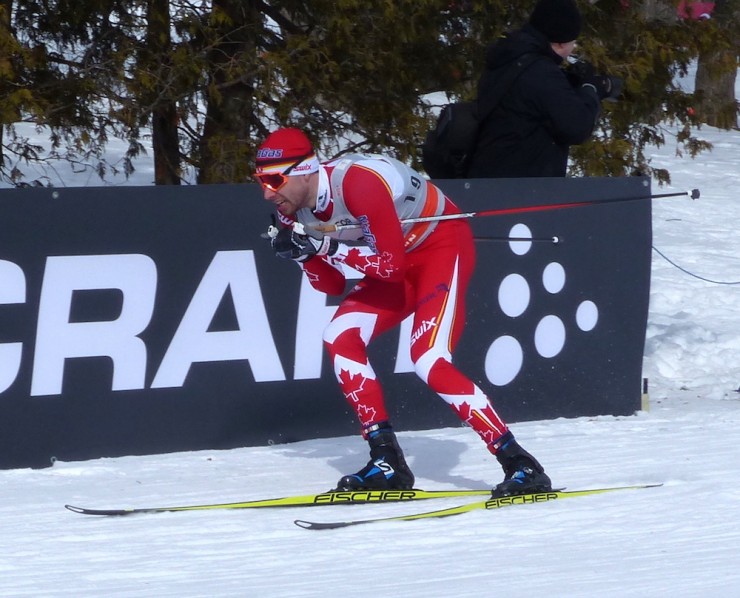 Alex Harvey (Canadian World Cup Team) racing to 15th in the 1.7 k freestyle sprint qualifier at the first stage of the Ski Tour Canada on Tuesday in Gatineau, Quebec. Harvey went on to reach the semifinals for 11th overall. (Photo: Peggy Hung)