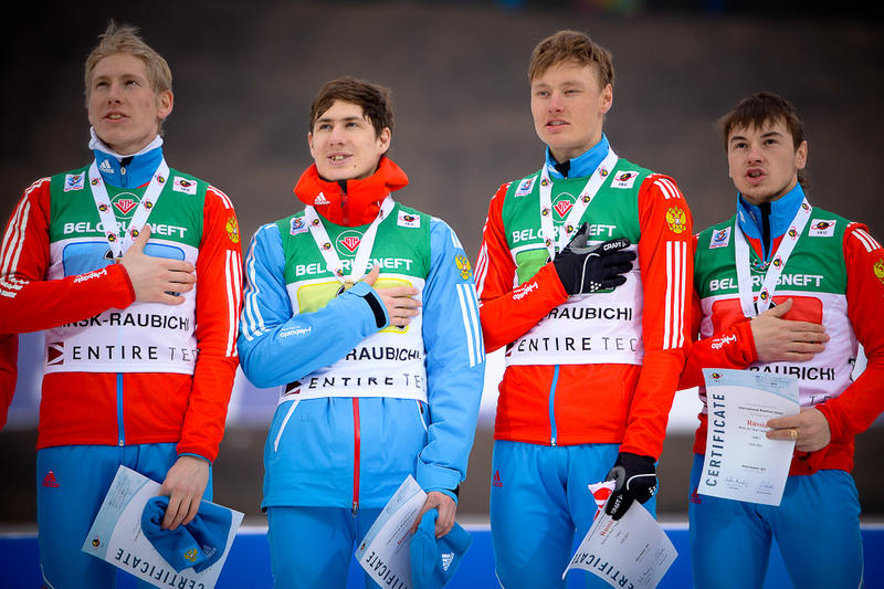 Eduard Latypov, second from left, helped his Russian team to World Junior Championships gold in 2015. (Photo: IBU/Evgeny Tumashov)