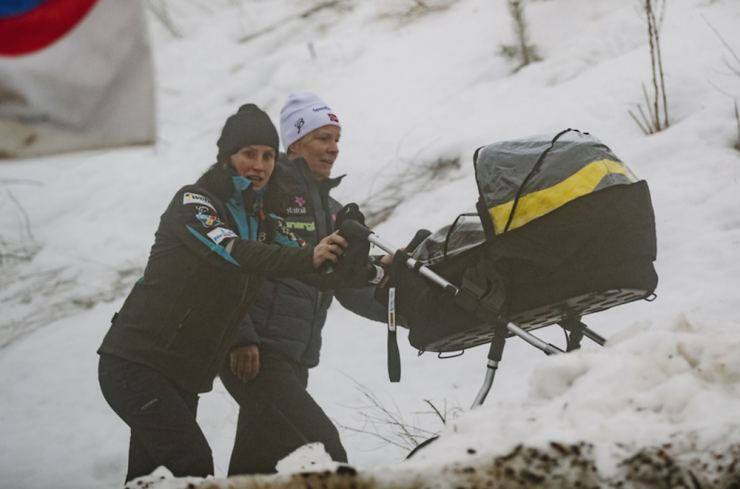 Marit Bjørgen of Norway (l) gets in some early season hill climbing with the stroller in preparation for the 2016 NYC Stroll-a-thon. (Photo: SportoweFakty)