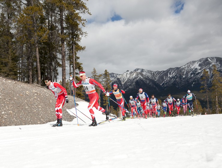 Canada's Alex Harvey (l) and Ivan Babikov take control of the pace during the second half of the 15 k classic leg in Wednesday's 30 k skiathlon at the Ski Tour Canada Stage 6 in Canmore, Alberta. 