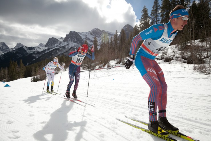 American Noah Hoffman (43) racing to 35th in the men's 30 k skiathlon, a best for the U.S. men in the sixth stage of the Ski Tour Canada in Canmore, Alberta. 