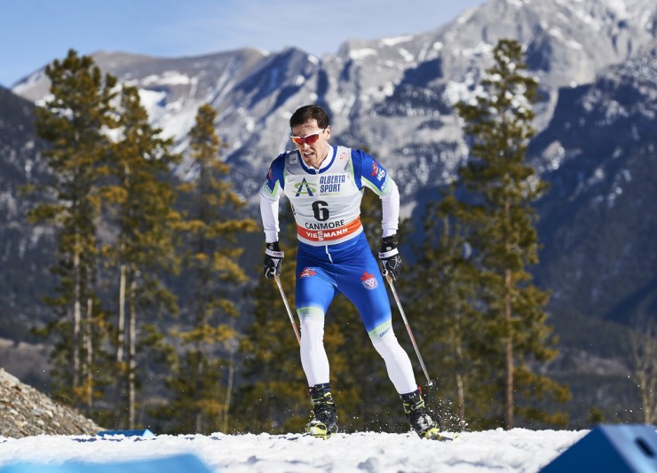Canada's Michael Somppi racing to 50th in the men's 15k skate in Canmore, Alberta. He went on to place 49th overall in the Tour. (Photo: Fischer/Nordic Focus)