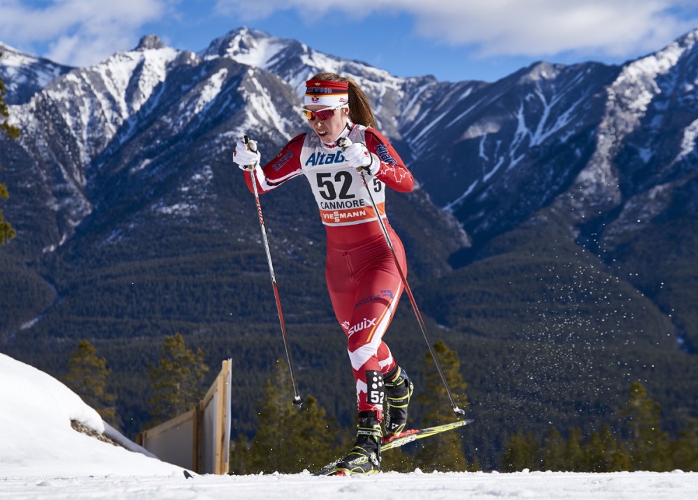 Canada's Katherine Stewart-Jones during the women's 15 k skiathlon in Canmore, Alberta, last season. (Photo:Fischer/NordicFocus)