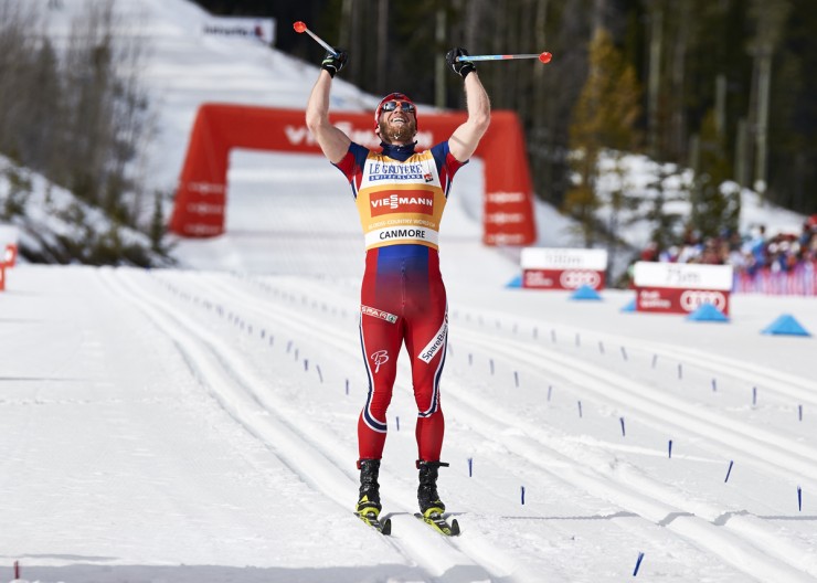 Norway's Martin Johnsrud Sundby crossing the line with the win the men's 15 k classic pursuit Canmore, Alberta. (Photo: Fischer/Nordic Focus)