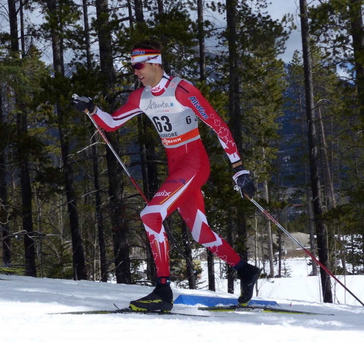 Canada's Len Valjas racing to 18th in the qualifier at the Stage 5 classic sprint at the Ski Tour Canada in Canmore, Alberta. Valjas went on to place 11th for his second-best result of the season. (Photo: Peggy Hung)