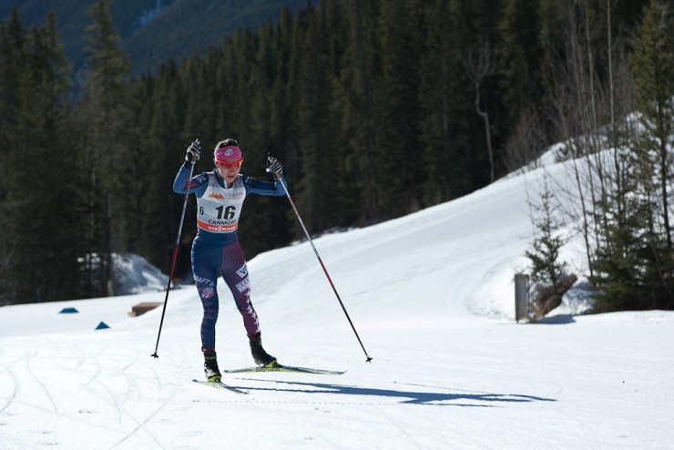 Chelsea Holmes (APU) racing to a World Cup carer best in 22nd during the women's 10 k freestyle at Stage 7 of the Ski Tour Canada in Canmore, Alberta. 