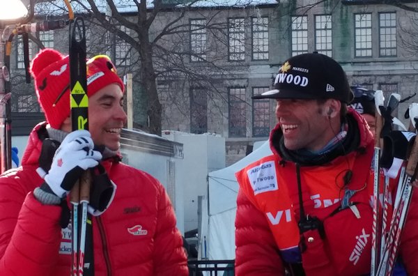 Canadian National Team Head Coach Justin Wadsworth (r) chats with Canadian Senior Development Team skier Jess Cockney. (Photo: CCC)