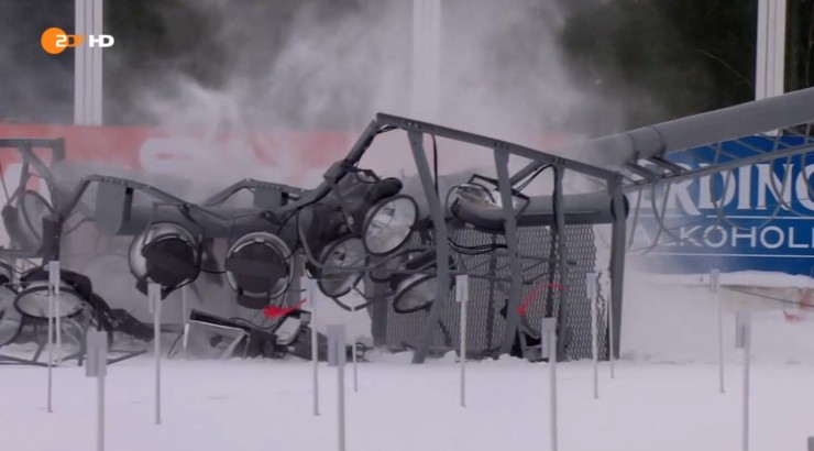 Strong winds knocked over a light post in the stadium on Sunday in Khanty-Mansiysk, Russia, leading to the cancellation of both mass starts for safety concerns with the continued gusting winds. (Photo: ZDF screen shot)