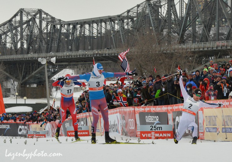 Russia's Sergey Ustiugov celebrates his win by mere hundredths of a second over France's Richard Jouve (not shown) and American Simi Hamilton, who lunged across the line and placed third for his second podium of the season. Norway's Finn Hågen Krogh placed fourth and Ola Vigen Hattestad (17) finished fifth, while Petter Northug was sixth. (Photo: John Lazenby/Lazenbyphoto.com)