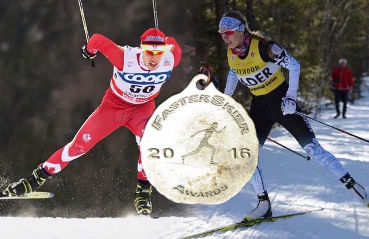 The 2015/2016 aggregate NorAm leaders Andy Shields (l) and Dahria Beatty are FasterSkier's Continental Skiers of the Year for Canada. (Photos: Fischer/NordicFocus and W. James MacLean)