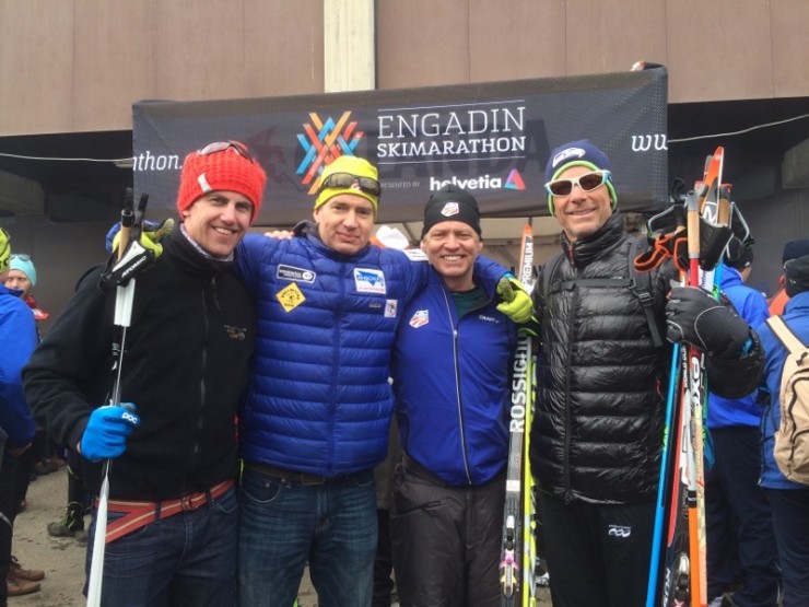 From left to right: pro triathlete Garen Riedel, FBD, Tiger Shaw,  and Tony Weiderkehr at the 2016 Engadin Ski Marathon in Switzerland. (All photos: FBD)