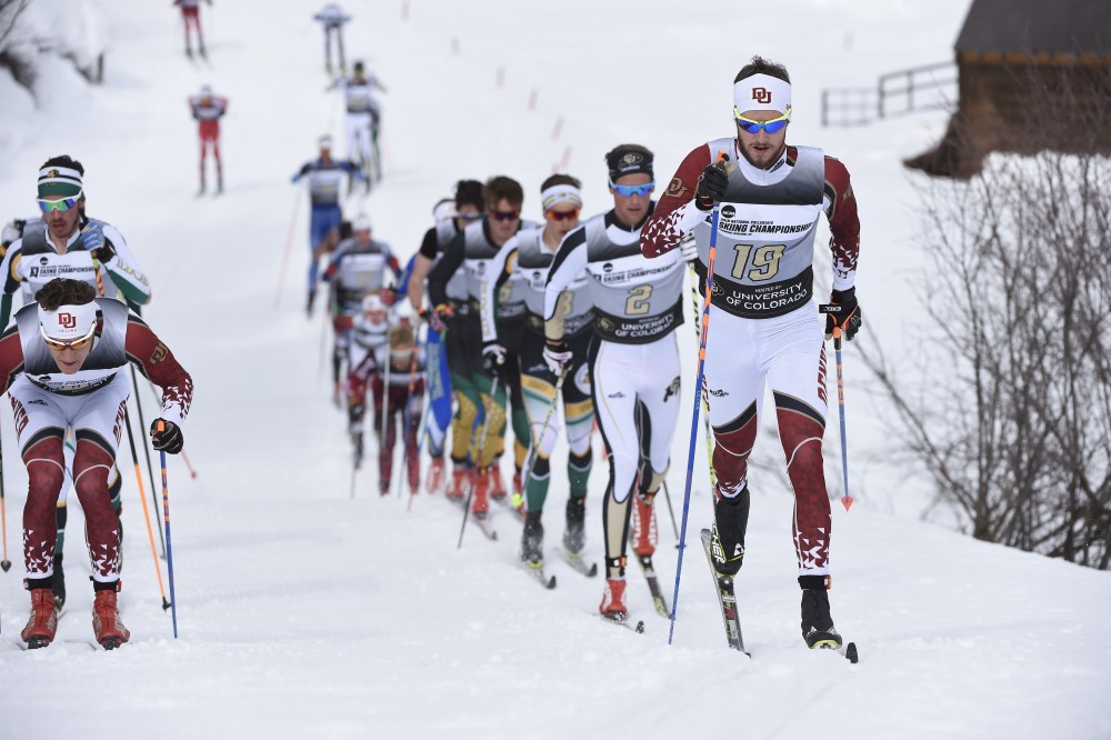 The men's 20 k classic race at the 2016 NCAA Skiing Championships in Steamboat Springs, Colo. (Photo: Jamie Schwaberow/NCAA) 