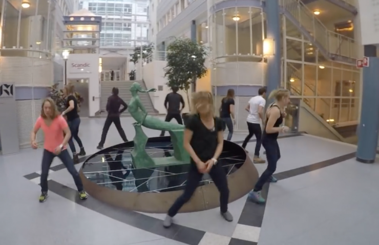 Jessie Diggins (c) leading the dance troupe during a mall scene of the U.S. Ski Team's most recent 'I'm Ready' video. 
