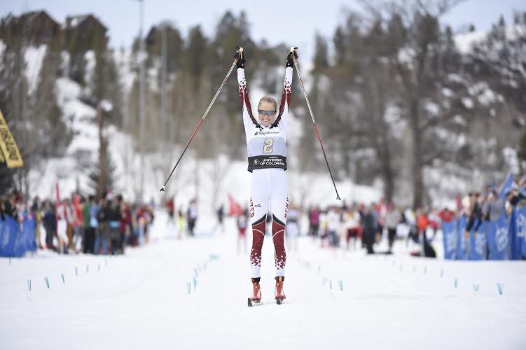 Linn Eriksen of Denver University captures the women's 15 k classic mass start title race at the 2016 NCAA Skiing Championships in Steamboat Springs, Colo. (Photo: Jamie Schwaberow/NCAA Photos) 