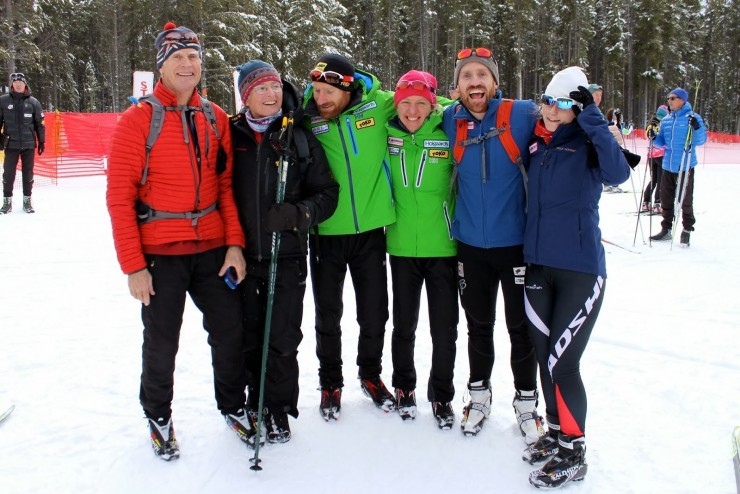 The extended family that is Team Gregg, with Brian and Caitlin in green, and Brian's twin brother Chad (second from r) along with parents Jim and Jan (left and second from l), and Chad's wife Alieta Gregg (r) in 2013 in West Yellowstone, Mont. 