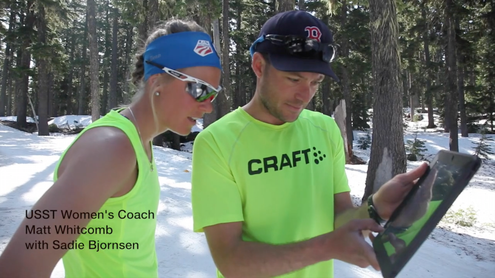 U.S. Ski Team Women's Coach Matt Whitcomb (r) reviews video with Sadie Bjornsen on some climbing technique. (Video: https://vimeo.com/167372787)