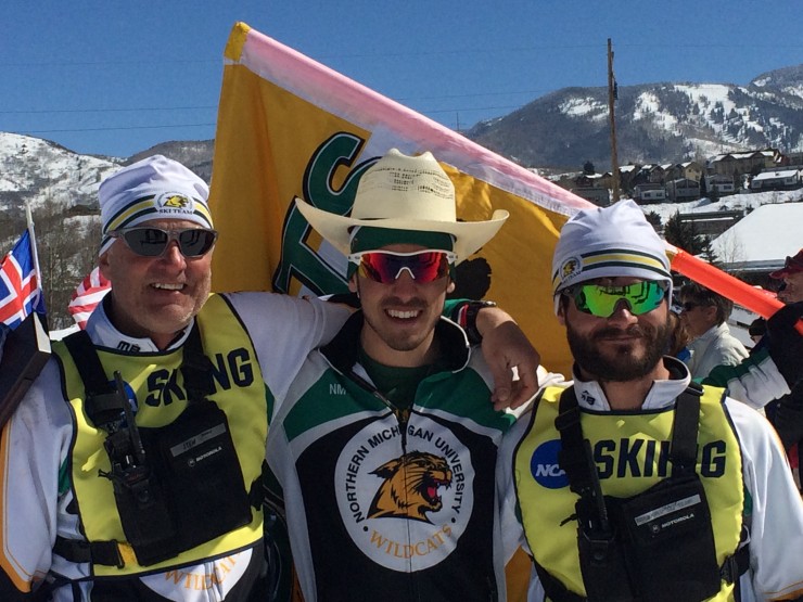 Ian Torchia (center) with Northern Michigan University nordic head coach Sten Fjeldheim (l) and assistant coach, Shane MacDowell after Torchia placed second in the men's 10 k freestyle race at this year's NCAA Championship races in Steamboat Springs, Colo. (Photo: Courtesy Photo)