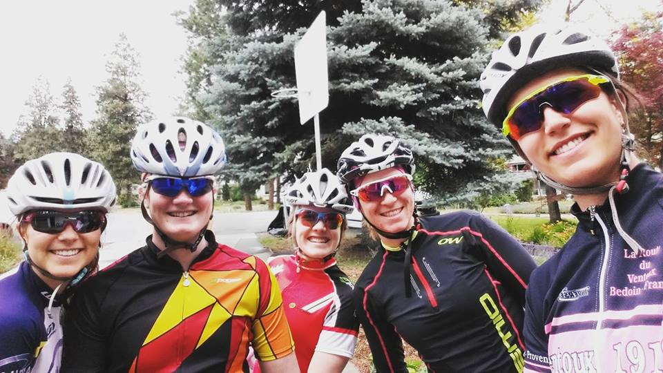 Left to Right: Canada's Julia Ransom, Sarah Beaudry, Emma Lunder, France's Anais Bescond, and Canadian Rosanna Crawford  during their first bike session of "Wine Camp" in Kelowna, British Columbia this June. (Courtesy photo)
