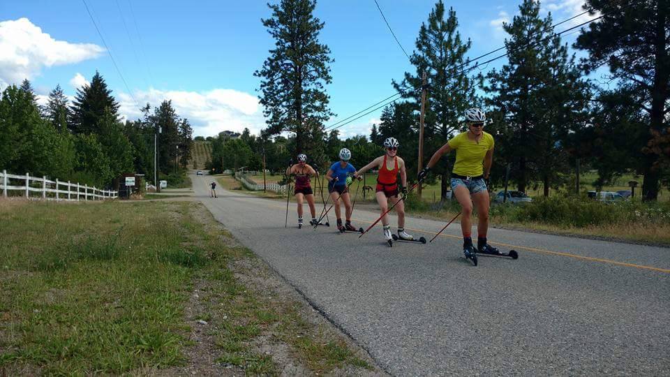 Left to right: Canadian Sarah Beaudry, Anais Bescond of France with Canada's Julia Ransom, Emma Lunder, and Rosanna Crawford during a rollerski in Kelowna, British Columbia. (Courtesy photo)