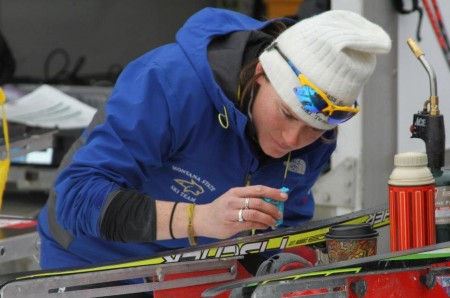 Bernadette Nelson klistering skis while coaching at Montana State university. (Photo: Bernie Nelson Collection)