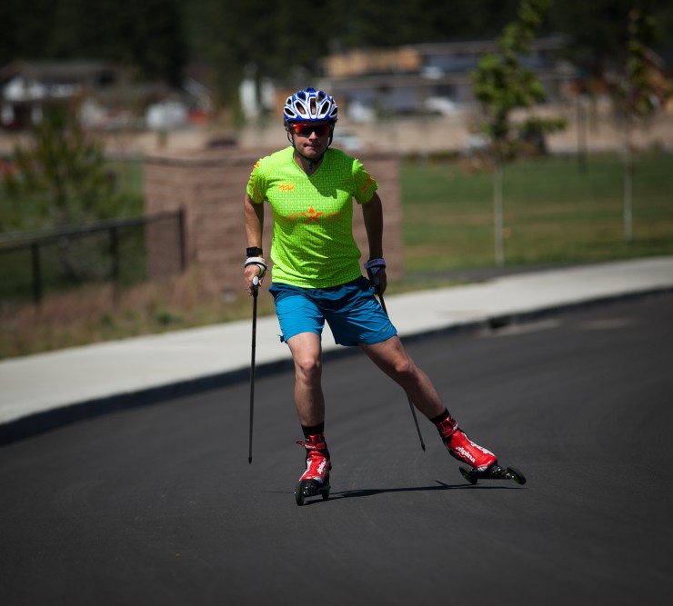 Soon to be Bates College freshman, Leo Lukens, tests out a pair of FLEX roller skis.