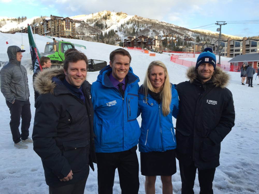 Chad Salmela (far left) with 2016 NCAA qualifiers Reitler Hodgert and Kelsey Dickinson as well as assistant nordic coach, Josh Tesch at 2016 NCAA Championships in Steamboat Springs, Colo. (Courtesy Photo)