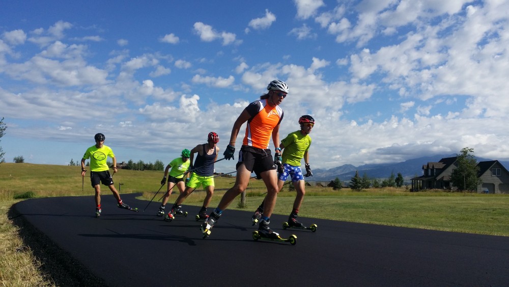 From left to right: Silas Talbot, Jennie Bender, Paul Everett, Logan Diekmann and Max LaChance during a roller ski with BSF in Bozeman, Mont. (Courtesy Photo) 