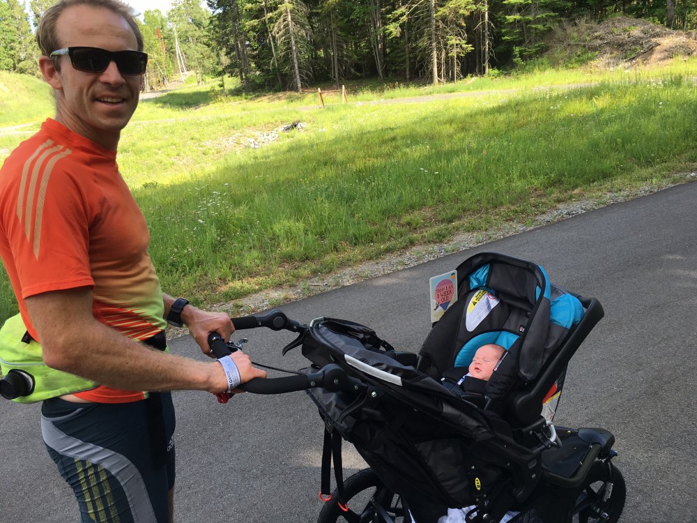 US Biathlete Lowell Bailey (r) and his daughter Ophelia getting her first biathlon training experience at one week old in Lake Placid, New York. (Photo: Erika Bailey)