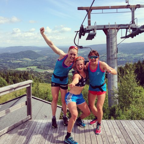Left to right: Norwegian Ragnhild Haga, American Jessie Diggins, and Norwegian Maiken Caspersen-Falla at the top of a mountain hike during one of the Norwegian National Team camps in late June. (Photo: Courtesy Photo)
