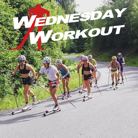 The women's Norwegian national team and Diggins (second from right) during a classic rollerski workout late last month in Norway. (Photo: Roar Hjelmeset) 
