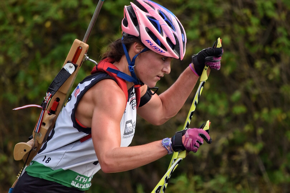 Joanne Firesteel Reid during the women's mass start at the 2016 US Biathlon National Rollerski Championships on Aug. 14 in Jericho, Vt. Reid earned a World Cup nod thanks to her performances. (Photo: Katrina Howe)