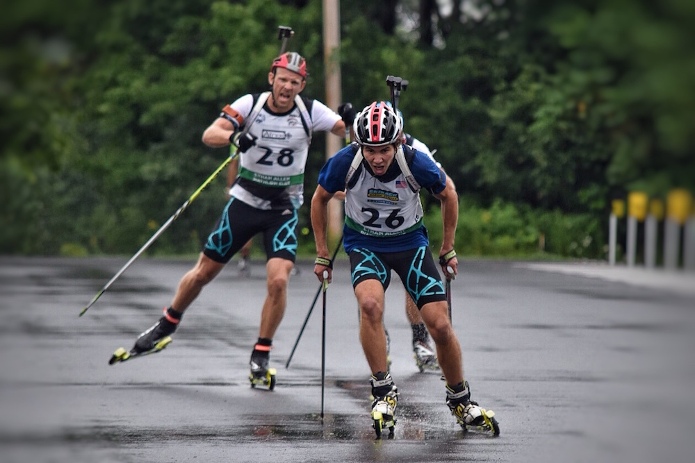 Lowell Bailey (l) chasing Jake Brown during the men's sprint at the 2016 US Biathlon National Rollerski Championships on Aug. 13 in Jericho, Vt. (Photo: Katrina Howe)