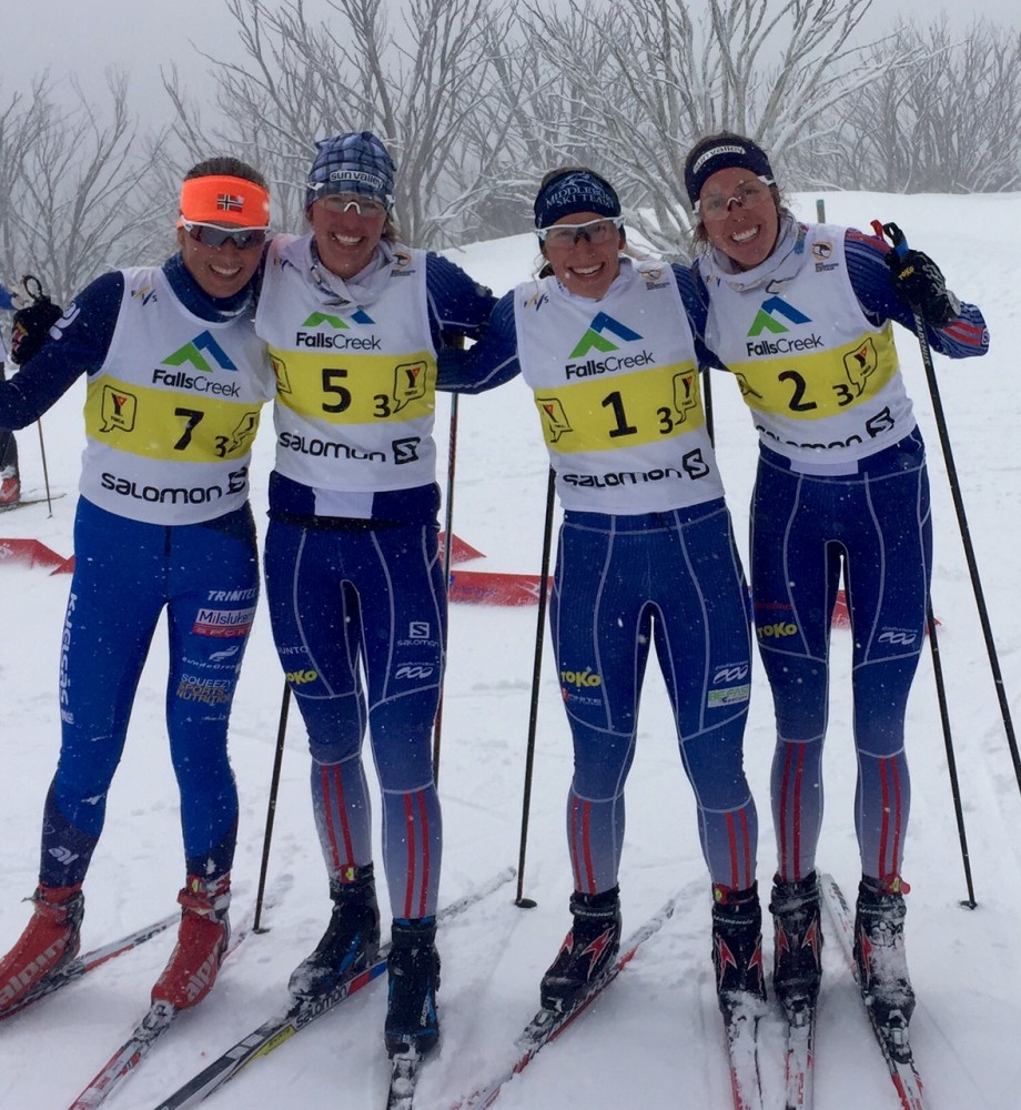 The women's skate sprint podium at Australian national championships in Falls Creek, Victoria. 1st Kelsey Phinney, 2nd Mary Rose, 3rd Deedra Irwin, 4th Nora Ulvang (Norway). (Photo: XCGoldTeam/Instagram)