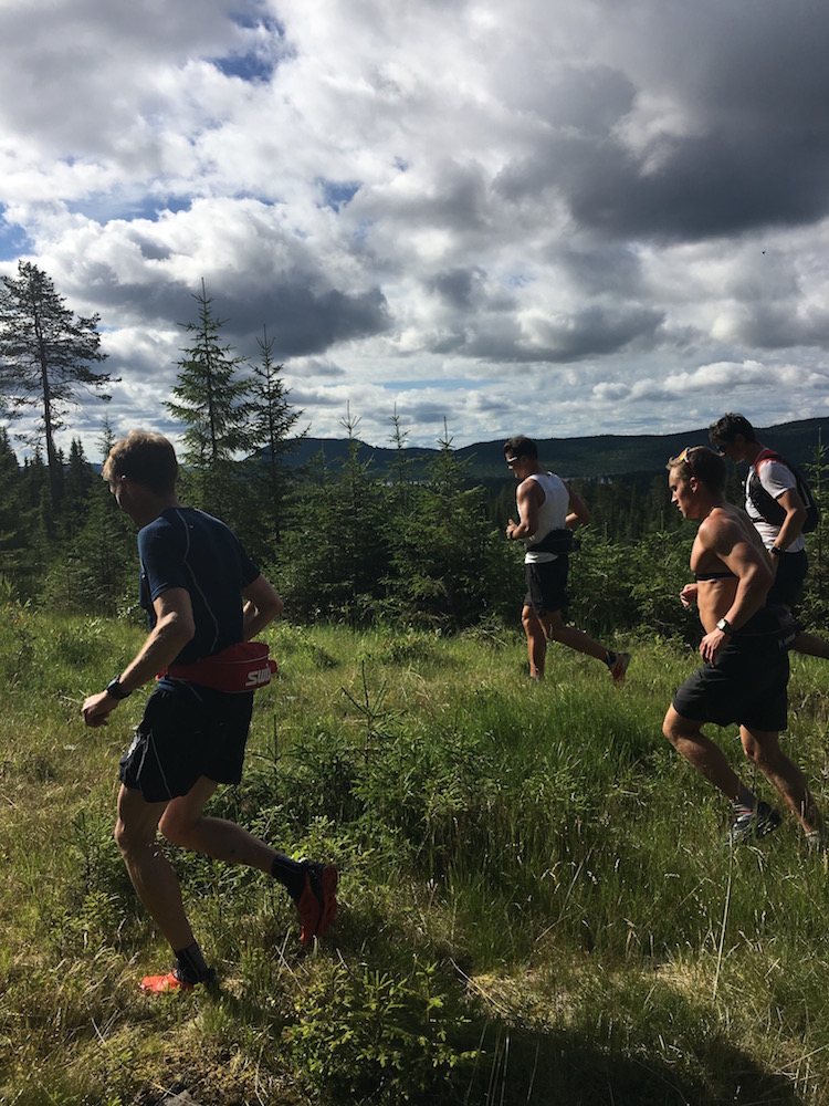 Norwegians Erik Stange and Rune Ødegård, with Finland's Heikki Korpela, and Great Britain's Andrew Young running on the Birkenbiner ski trails in Norway in July. (Photo: Andy Newell)