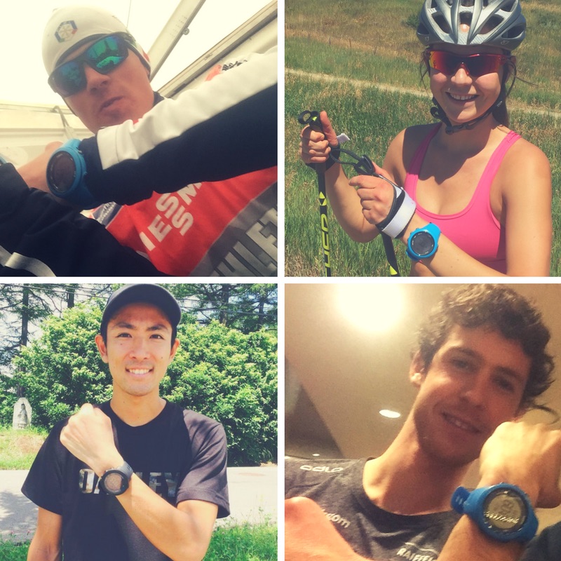 Several high-level skiers show off their Suunto Ambit heart rate monitors:(clockwise, from upper left) Italian nordic combined skier Samuel Costa, Steamboat Springs Winter Sports club alumn and current CU skier Lucy Newman, Swiss nordic combined skier Tim Hug, and 2014 Olympic silver medalist Akito Watabe of Japan. (All photos: FBD)