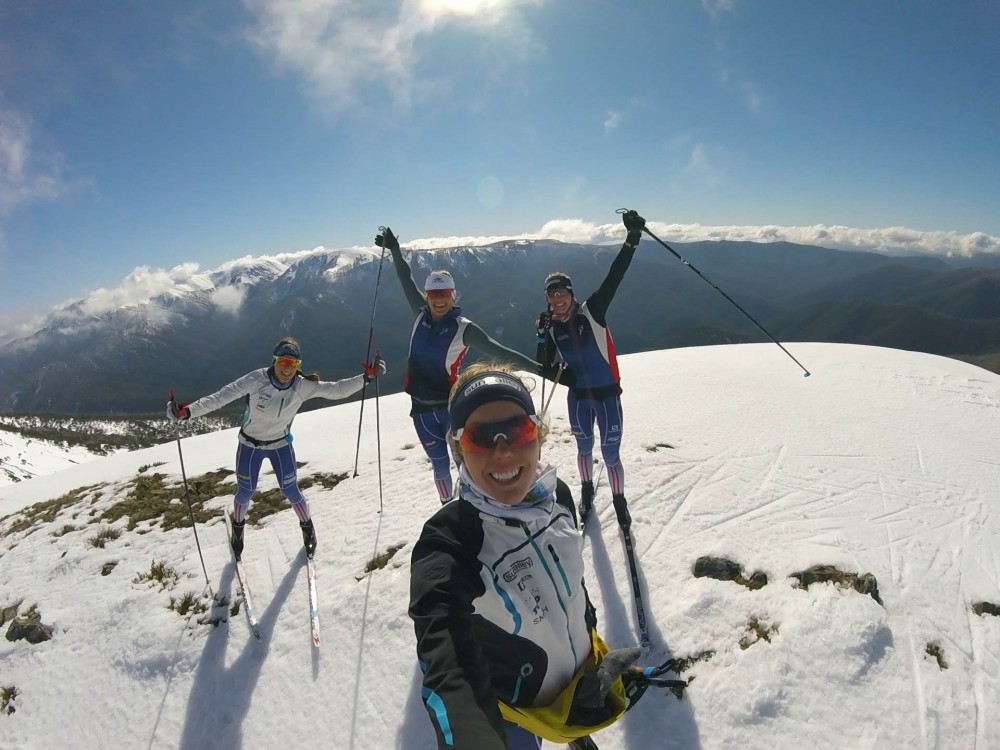 Sun Valley Ski Education Foundation Gold Team members Kelsey Phinney, Annie Pokorny, Mary Rose, and Deedra Irwin skiing at Falls Creek Resort in Victoria Australia in August. (Photo: Mary Rose)