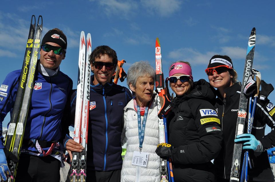 The U.S. Ski Team took first and second in both the men's and women's races at the 22nd Merino Muster 42 k freestyle, with Noah Hoffman (second from l) winning the men's race over Simi Hamilton (l), and Jessie Diggins (r) outlasting Liz Stephen (second from r) for the women's win. Here, those top finishers pose with Wanaka's Mary Lee at the Snow Farm in Wanaka, New Zealand. (Photo: USSA Nordic/Facebook)