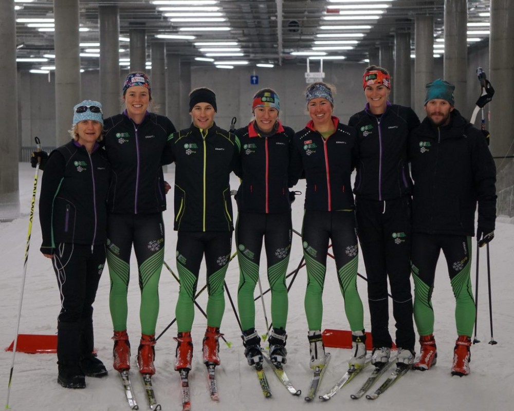 Left to right: Craftsbury GRP head coach Pepa Miloucheva along with athletes Heather Mooney, Ben Lustgarten, Kaitlynn Miller, Caitlin Patterson, Liz Guiney, and assistant coach Nick Brown in the ski tunnel in Planica, Slovenia, during a training camp this month. (Photo: Caitlin Patterson/CGRP blog)