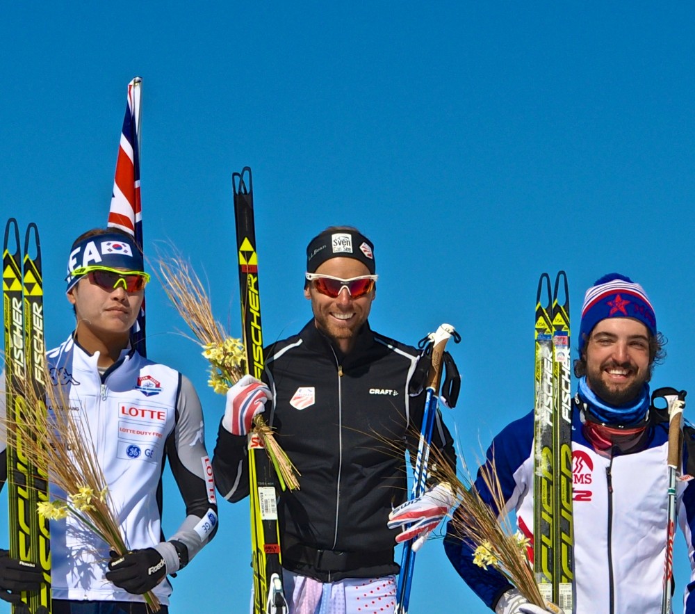 American Andy Newell (c) with South Korea’s Hwang Jun-Ho (l), and SMST2 skier Ben Saxton (r) after winning the men's classic sprint at New Zealand National Championships on Sept. 9 at Snow Farm, New Zealand. (Photo: Matt Whitcomb) 