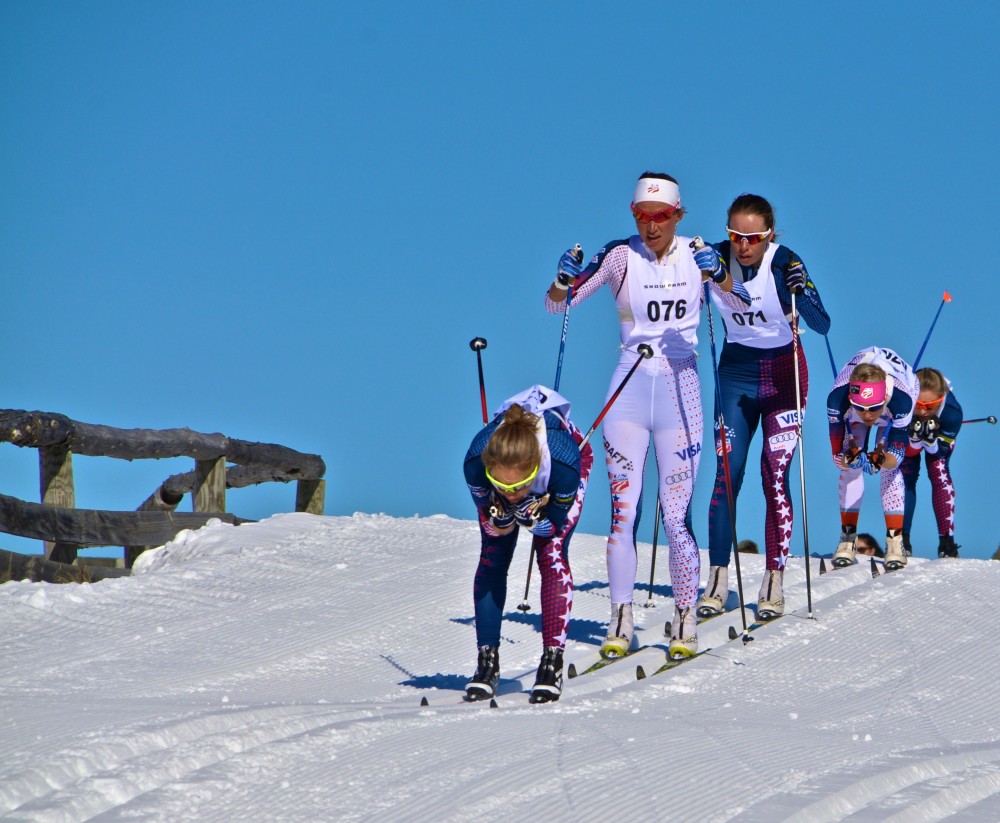 Left to right: Ida Sargent, Sophie Caldwell, Katharine Ogden, Liz Stephen, and Jessie Diggins racing at New Zealand National Championships at Snow Farm, New Zealand. (Photo: Matt Whitcomb)