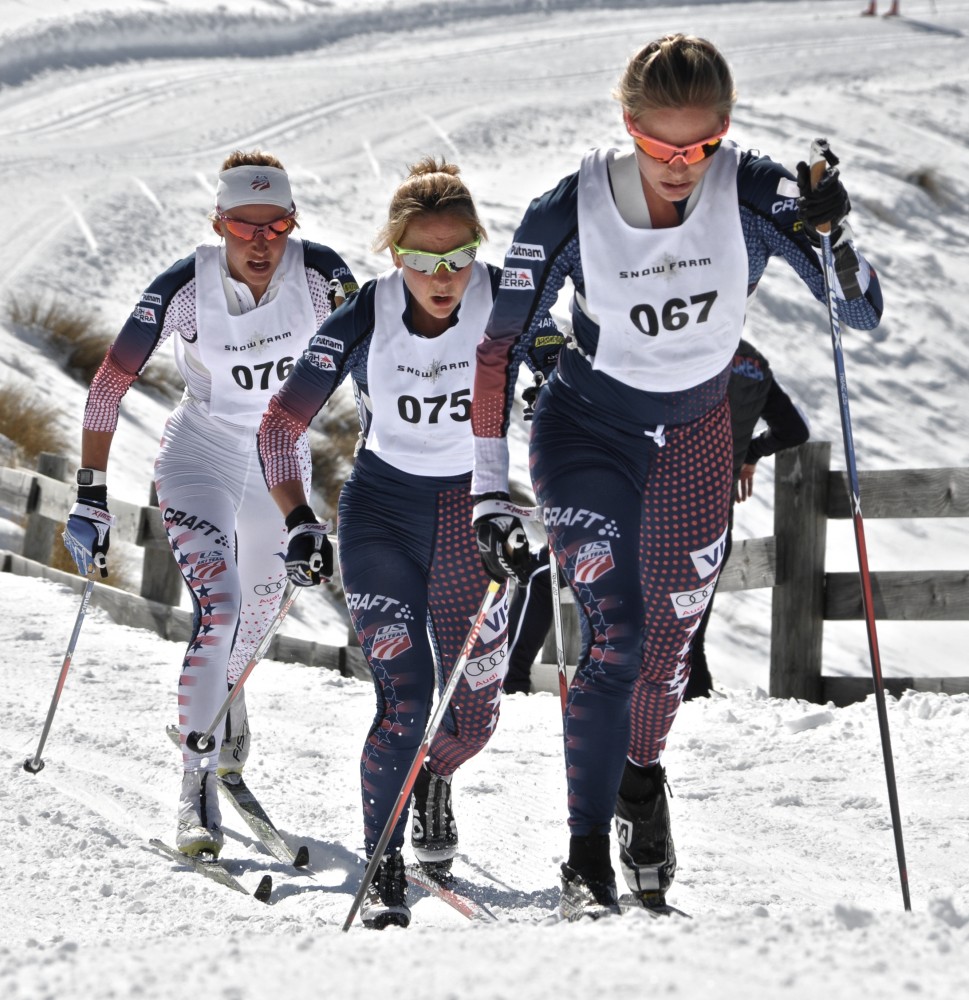 Jessie Diggins leads fellow U.S. Ski Team members Ida Sargent (c) and Sophie Caldwell (l) in the women's classic sprint at New Zealand National Championships on Sept. 9 at the Snow Farm in Wanaka, New Zealand. Sargent won the final, Diggins placed second and Caldwell was third. (Photo: Matt Whitcomb)