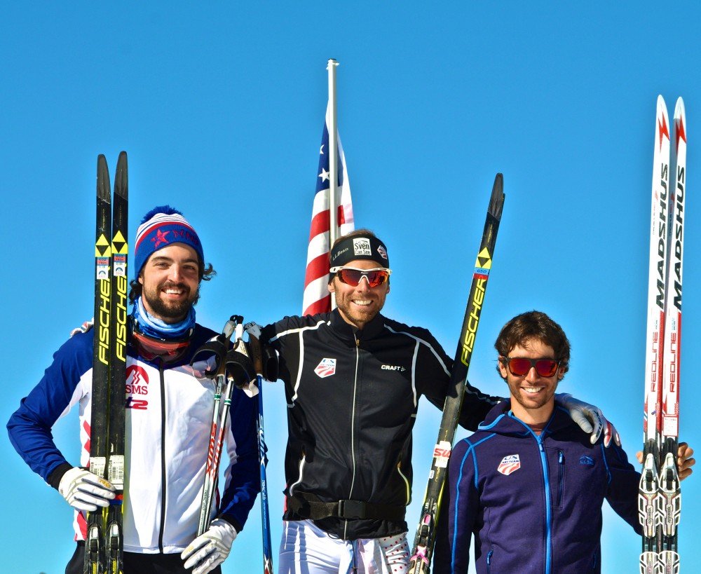 Noah Hoffman (r) with fellow Americans Andy Newell (c) and Ben Saxton (l) after finishing third in the men's 15 k classic mass start at New Zealand National Championships at Snow Farm, New Zealand, in September. (Photo: Matt Whitcomb)