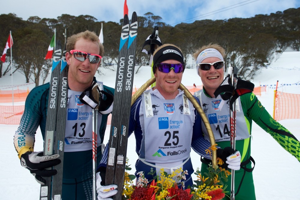 American winner Matt Gelso (c), runner-up Phillip Bellingham (Australia), and third-place finisher Nick Montgomery (Australia) on the podium at the men's Kangaroo Hoppet 42-kilometer maration, on Saturday Aug. 27 in Falls Creek, Australia. (Photo: Kangaroo Hoppet)