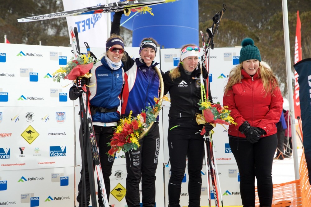 Left to right: Americans Mary Rose and Deedra Irwin, both of SVSEF, along with Australian Aimee Watson on the podium for the women's Kangroo Hoppet 42-kilometer maration,, on Saturday Aug. 27 in Falls Creek, Australia. (Photo: Kangroo Hoppet) 